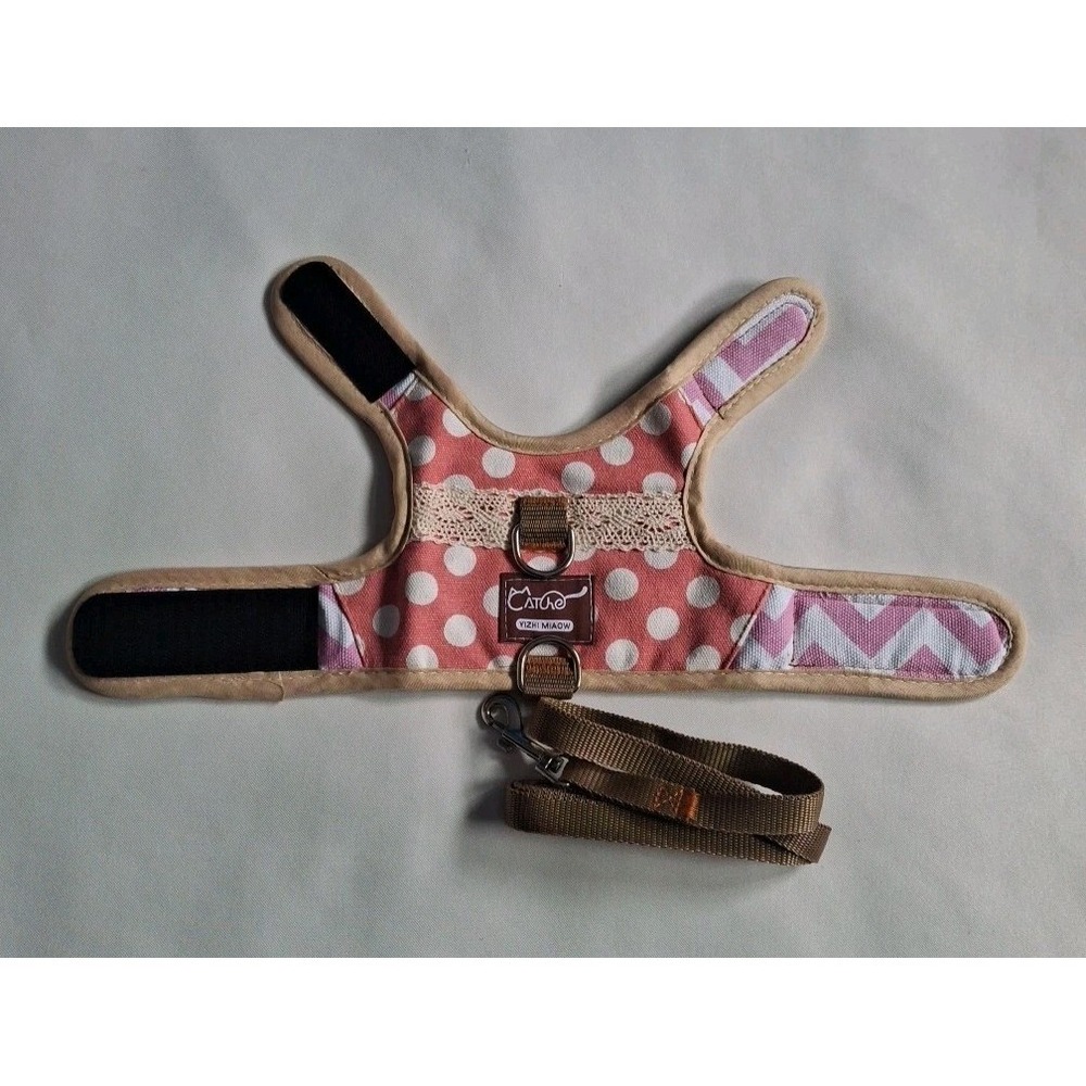 Cat Harness and Leas Set Pink Polka Dots Size Large adjustable Padded Vest